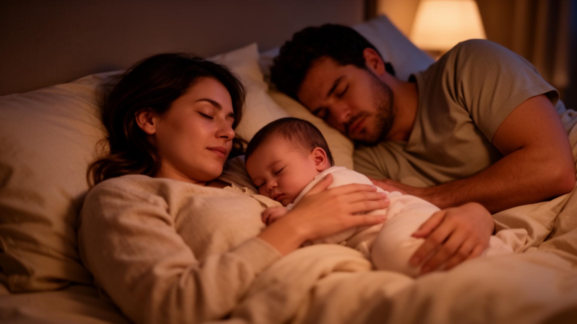 Família dormindo tranquila com bebê
